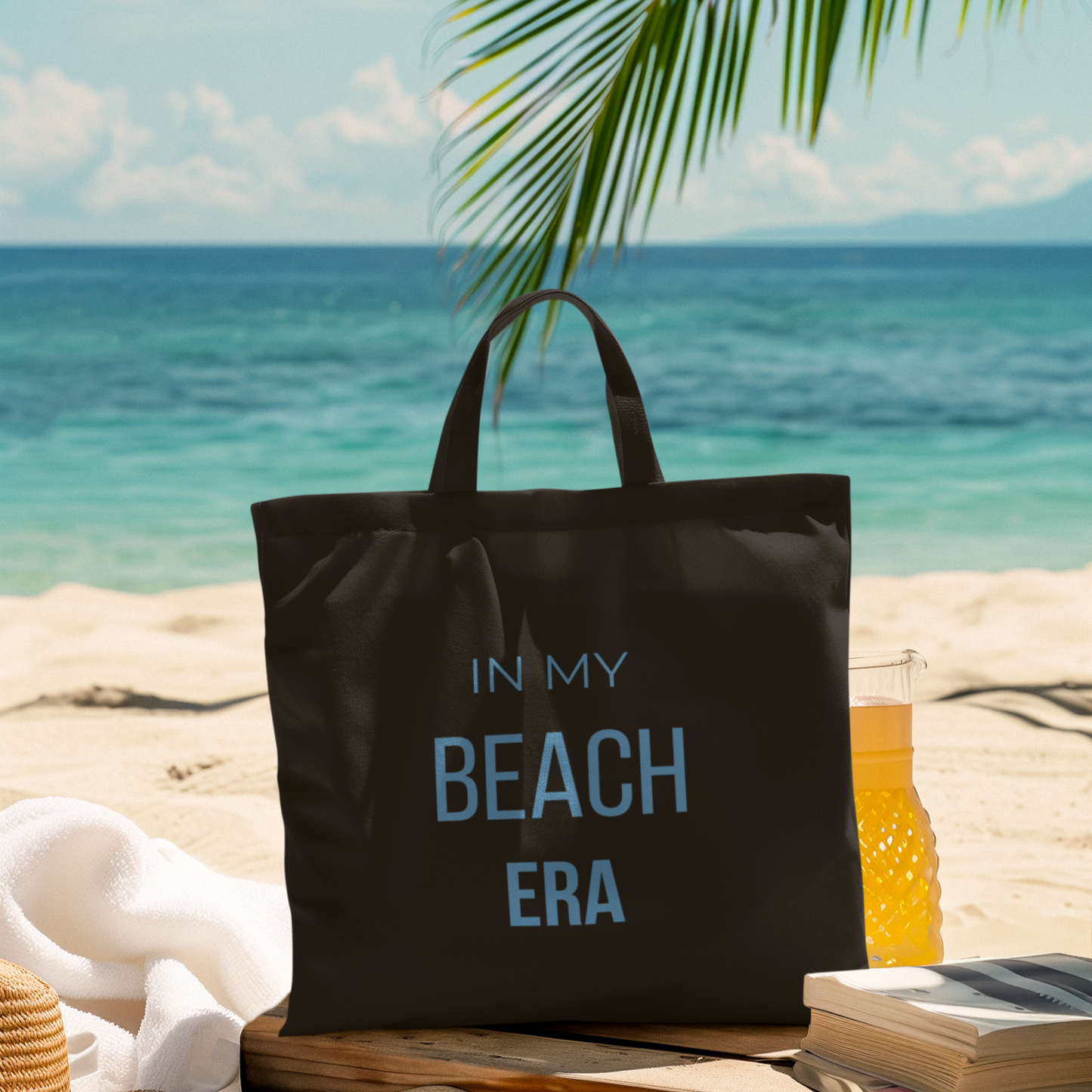 Beach Era Tote Bag — "In My Beach Era" Black Cotton Canvas Tote