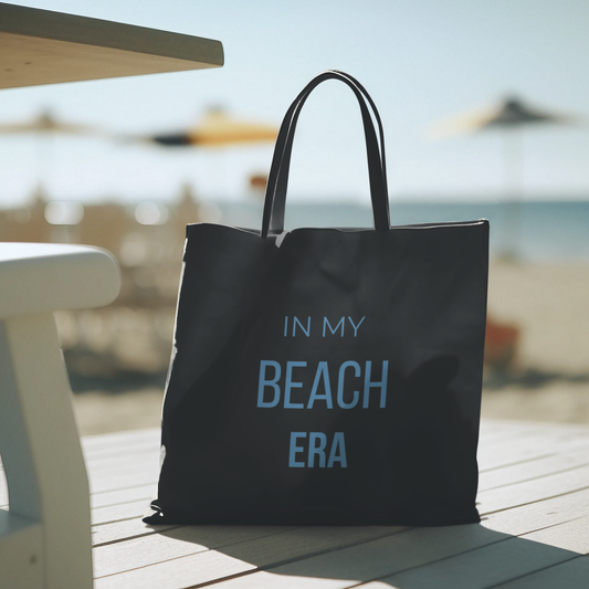 Beach Era Tote Bag — "In My Beach Era" Black Cotton Canvas Tote