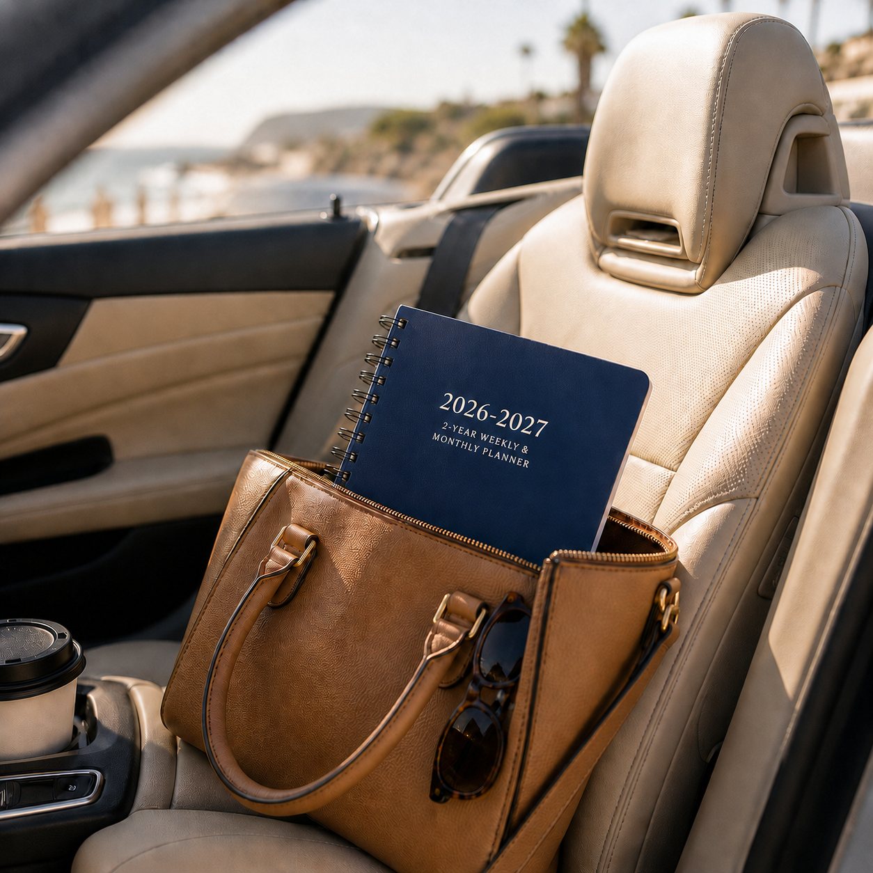 2026–2027 navy blue spiral planner in purse on car seat showing portable 6x9 planner for travel errands and everyday planning