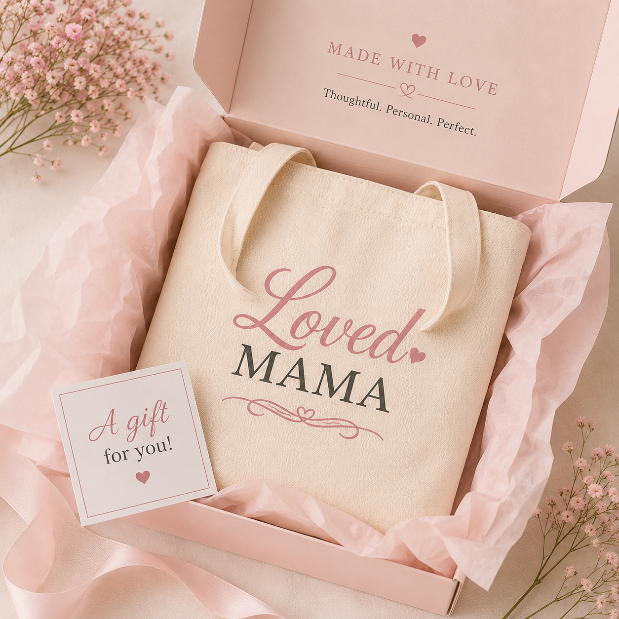 Loved Mama Cotton Canvas Tote Bag — Natural Script Typography Everyday Carry