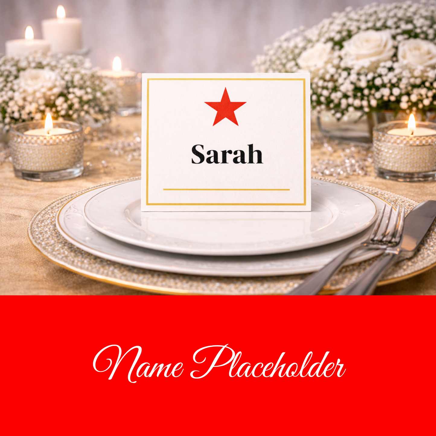 Festive Red & Gold Hostess Kit: Party Table Decor Printable Set with Bottle Hangers, Signs and Place Cards