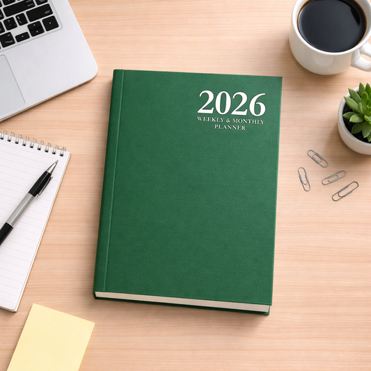 2026 Green Daily, Weekly & Monthly Hardcover Planner – Minimalist 6x9 Agenda Organizer