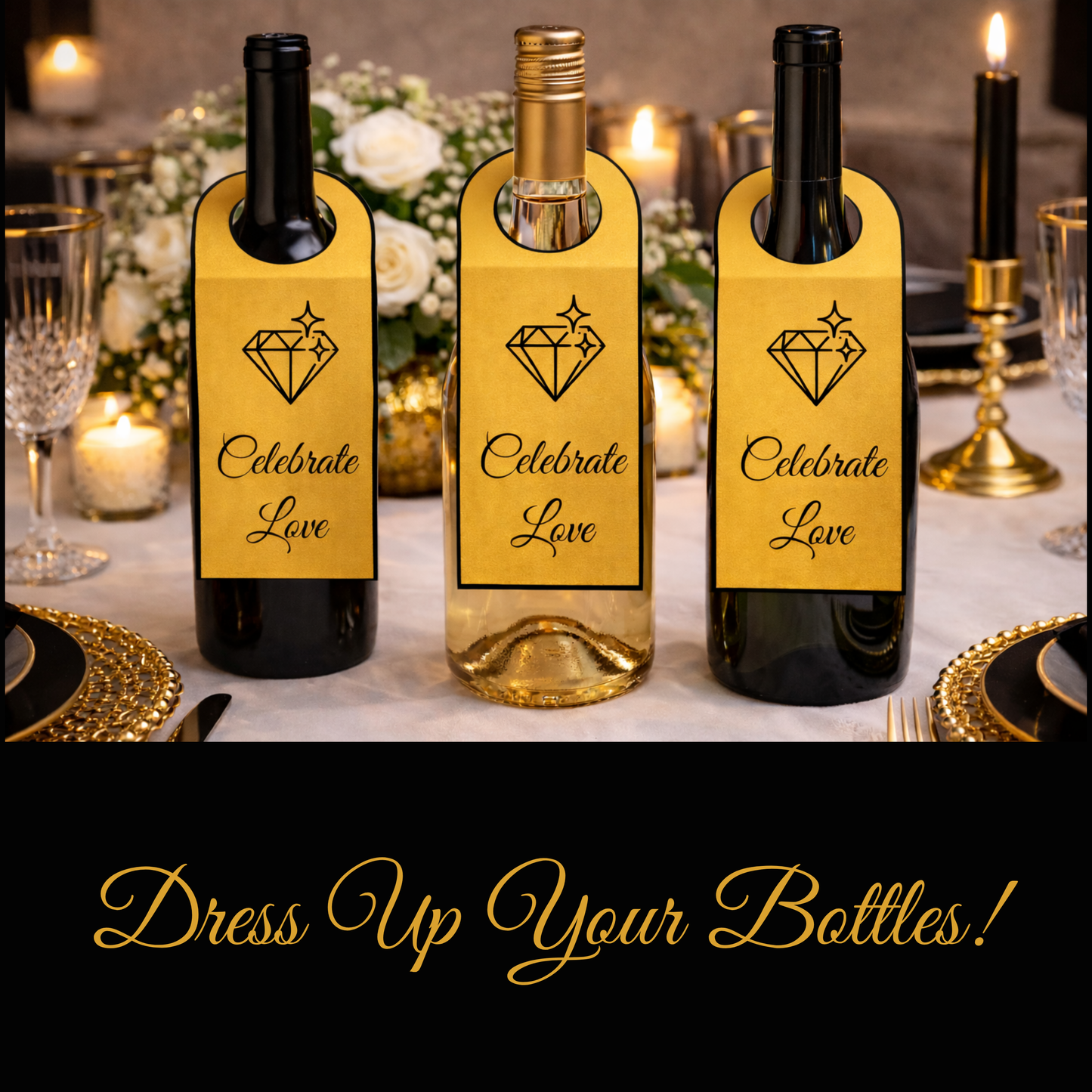 Luxury Gold Hostess Kit: Elegant Black & Gold Wedding and Party Table Decor Printable Set with Bottle Hangers, Menu and Signs