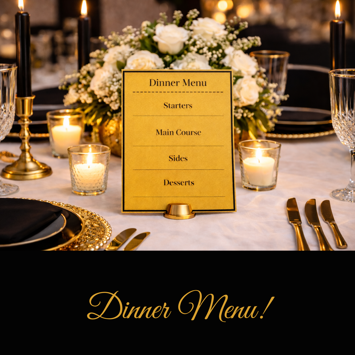 Luxury Gold Hostess Kit: Elegant Black & Gold Wedding and Party Table Decor Printable Set with Bottle Hangers, Menu and Signs