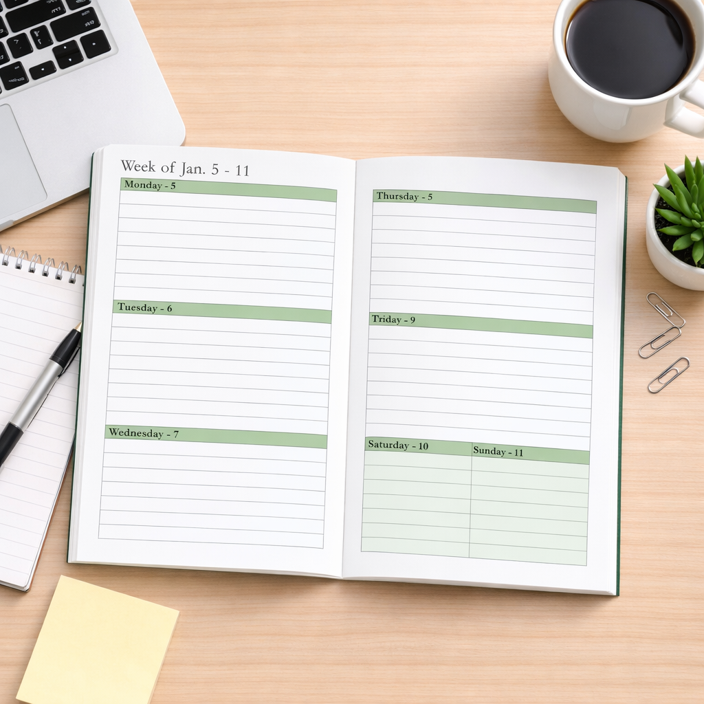 2026 Green Daily, Weekly & Monthly Hardcover Planner – Minimalist 6x9 Agenda Organizer