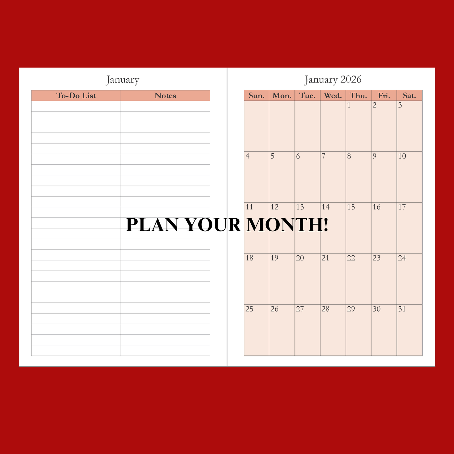 2026 Daily, Weekly, Monthly Planner: Minimalist 6x9 Red Hardcover