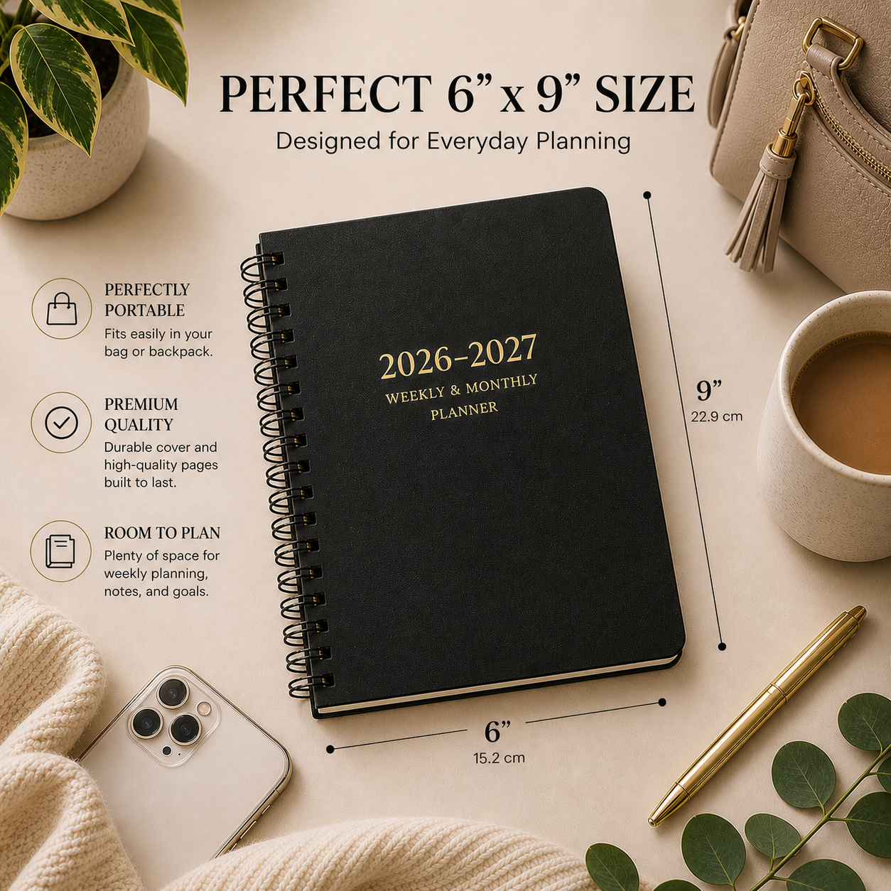 Perfect 6x9 size black spiral planner for portable weekly monthly planning work school travel and everyday organization