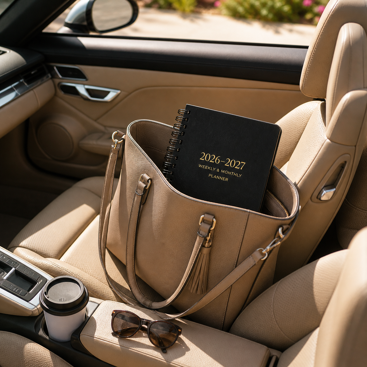 Black 2026 2027 spiral planner in purse on car seat showing portable 6x9 planner for everyday use and travel