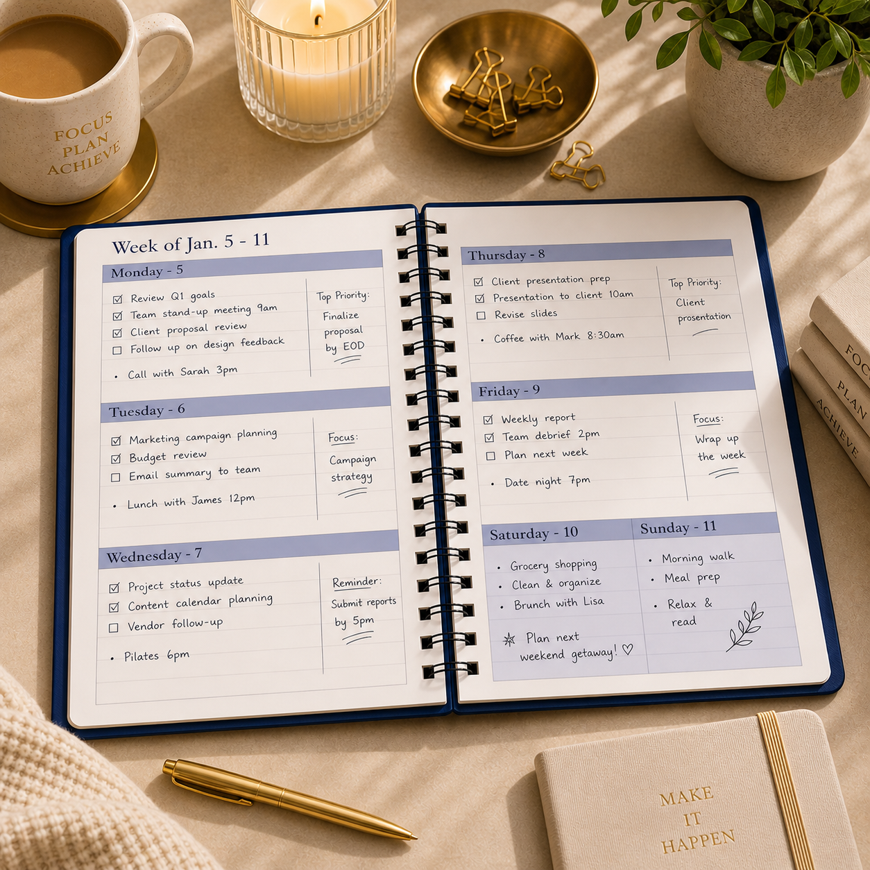 Filled in weekly planner spread showing navy blue 2026 2027 spiral planner used for tasks schedules notes and goals
