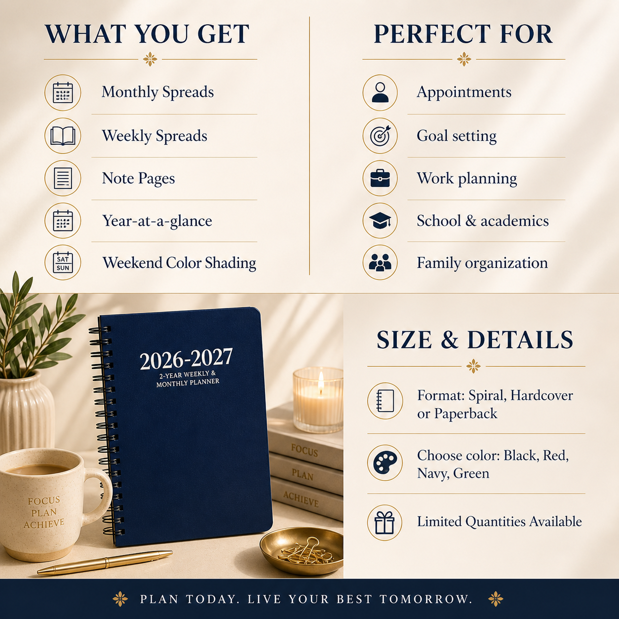 2026 2027 navy blue planner what you get perfect for and size details for daily weekly monthly organization