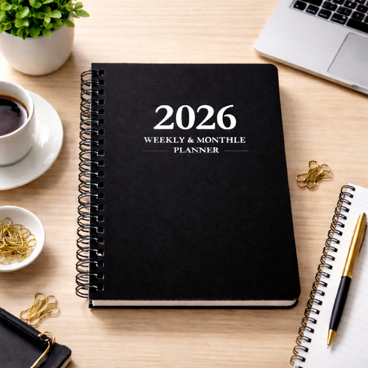 2026 Weekly & Monthly Planner, Black 6x9 Spiral-Bound Organizer