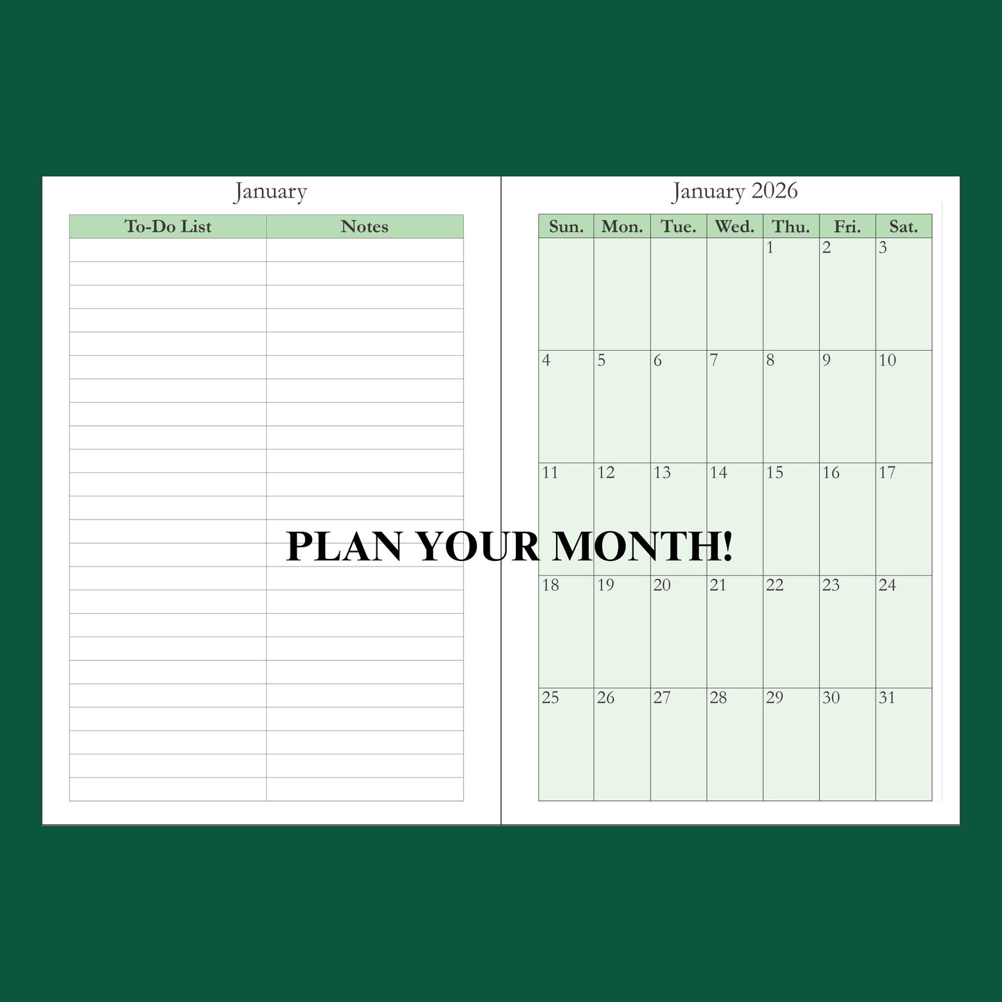 2026 Green Daily, Weekly & Monthly Planner – Minimalist 6x9 Paperback Agenda Organizer