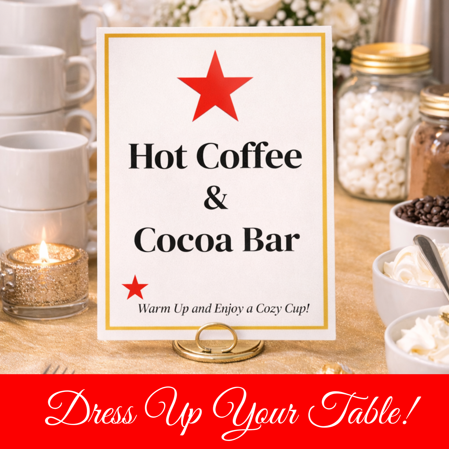 Festive Red & Gold Hostess Kit: Party Table Decor Printable Set with Bottle Hangers, Signs and Place Cards