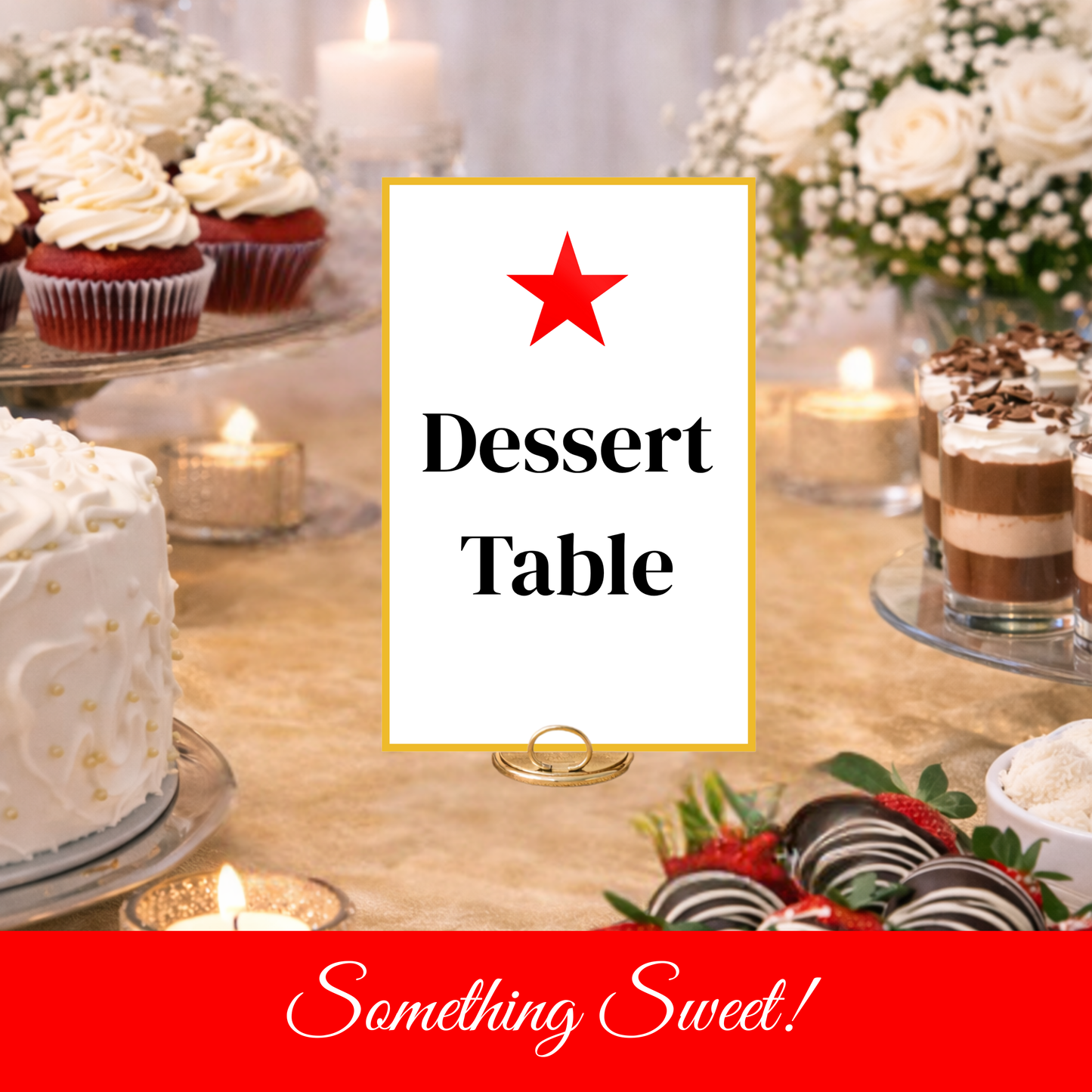 Festive Red & Gold Hostess Kit: Party Table Decor Printable Set with Bottle Hangers, Signs and Place Cards