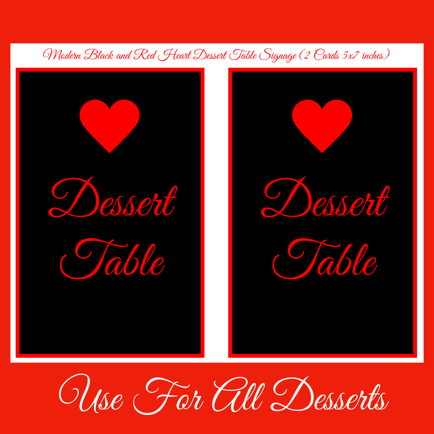 Black & Red Romantic Hostess Kit: Bold Heart-Themed Wedding and Party Table Decor Printable Set with Bottle Hangers, Menu, Place Cards