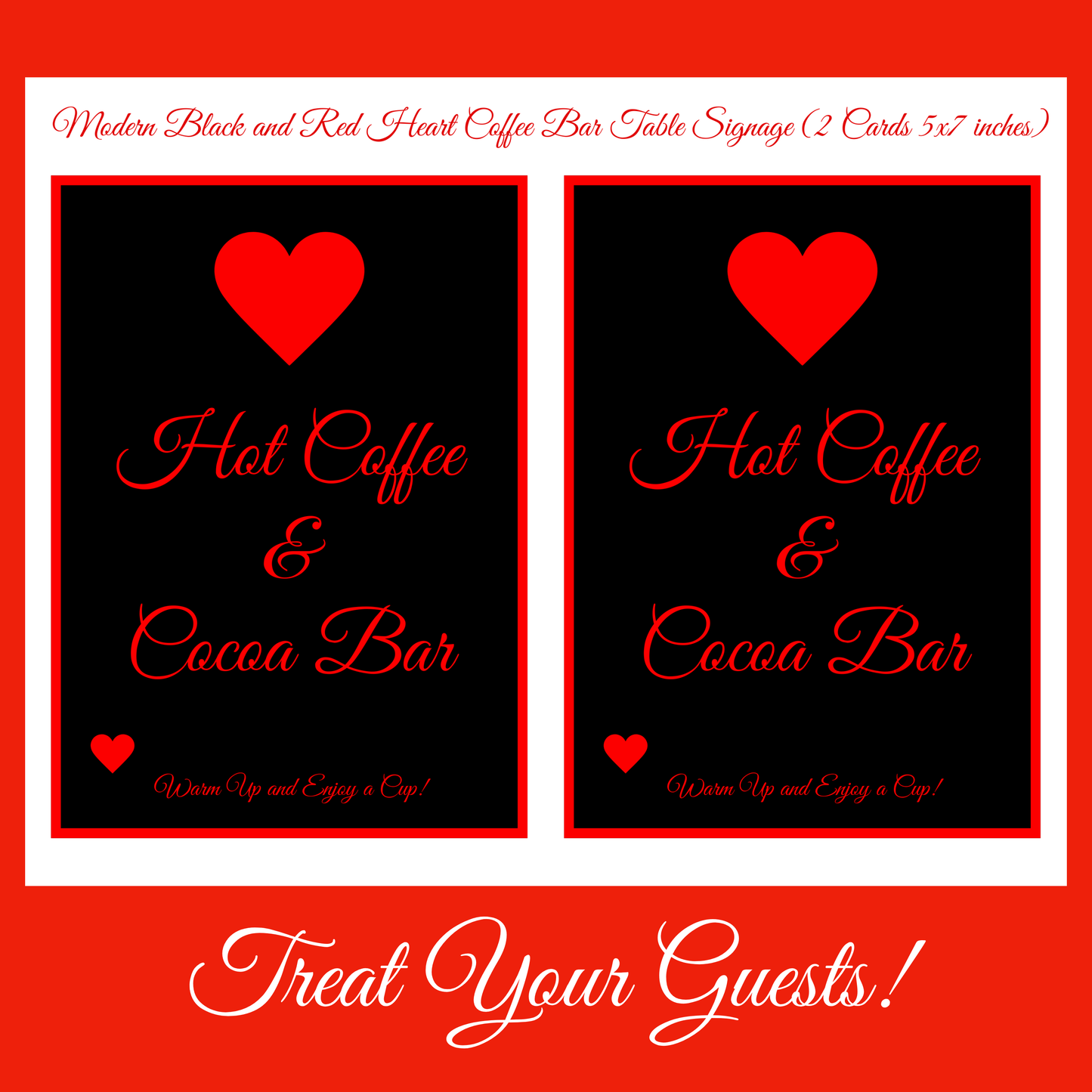 Black & Red Romantic Hostess Kit: Bold Heart-Themed Wedding and Party Table Decor Printable Set with Bottle Hangers, Menu, Place Cards