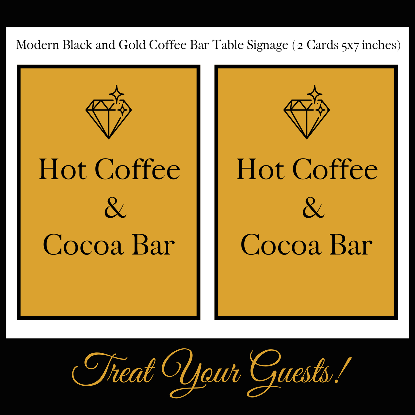 Luxury Gold Hostess Kit: Elegant Black & Gold Wedding and Party Table Decor Printable Set with Bottle Hangers, Menu and Signs