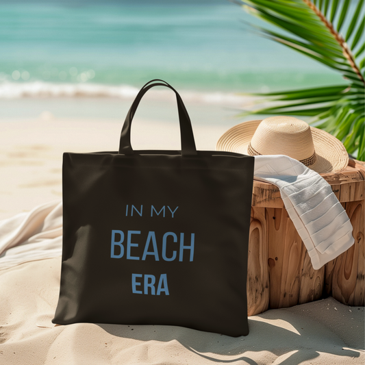 Beach Era Tote Bag — "In My Beach Era" Black Cotton Canvas Tote