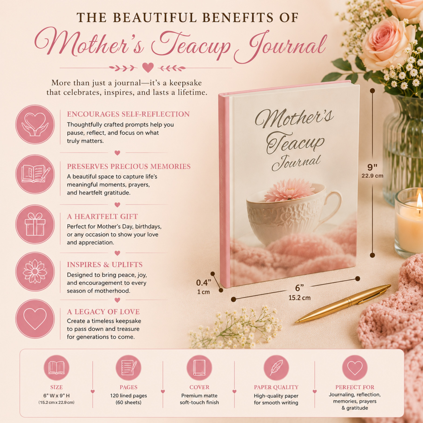 Mother’s Teacup Journal Paperback for Moms | Tea Cup Keepsake Notebook, Prayer, Reflection & Memories 6x9