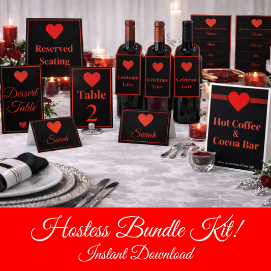 Black & Red Romantic Hostess Kit: Bold Heart-Themed Wedding and Party Table Decor Printable Set with Bottle Hangers, Menu, Place Cards