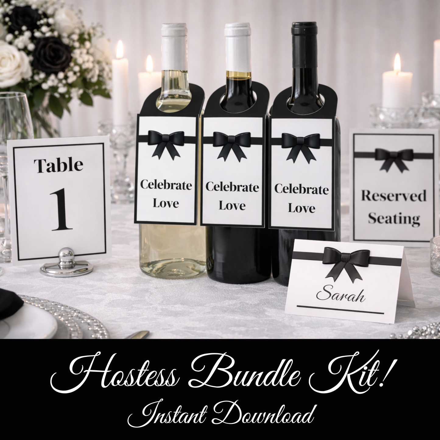 Digital Black & White Elegant Hostess Kit: Bottle Hangers, Table Cards, Reserved Seating, Menu and Party Printables Set