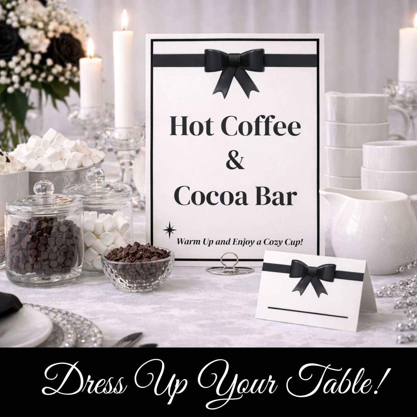 Digital Black & White Elegant Hostess Kit: Bottle Hangers, Table Cards, Reserved Seating, Menu and Party Printables Set