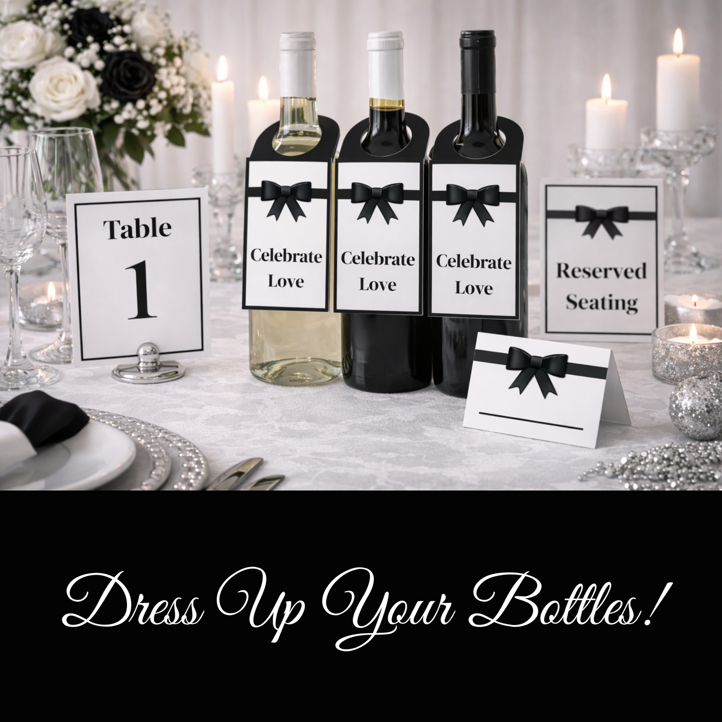 Digital Black & White Elegant Hostess Kit: Bottle Hangers, Table Cards, Reserved Seating, Menu and Party Printables Set
