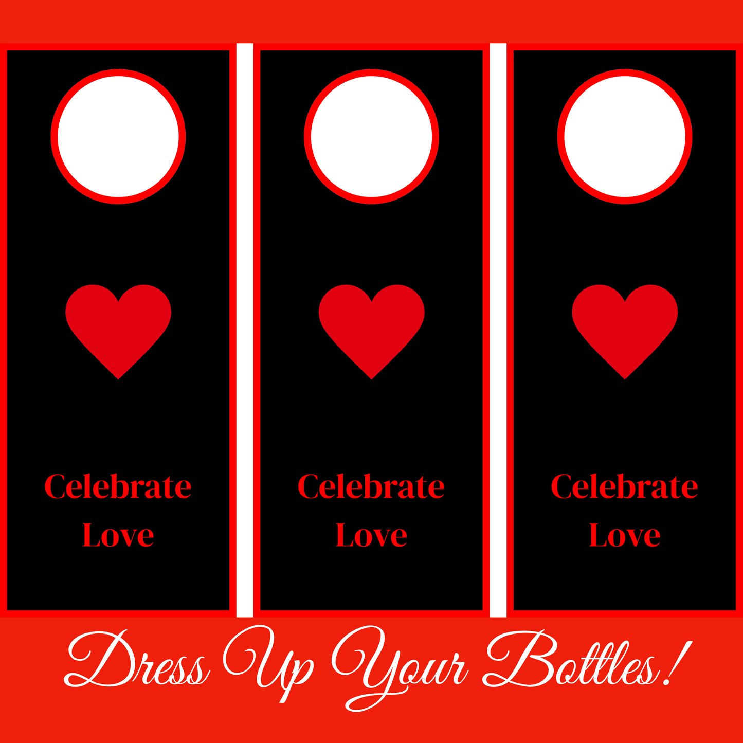 Black & Red Romantic Hostess Kit: Bold Heart-Themed Wedding and Party Table Decor Printable Set with Bottle Hangers, Menu, Place Cards