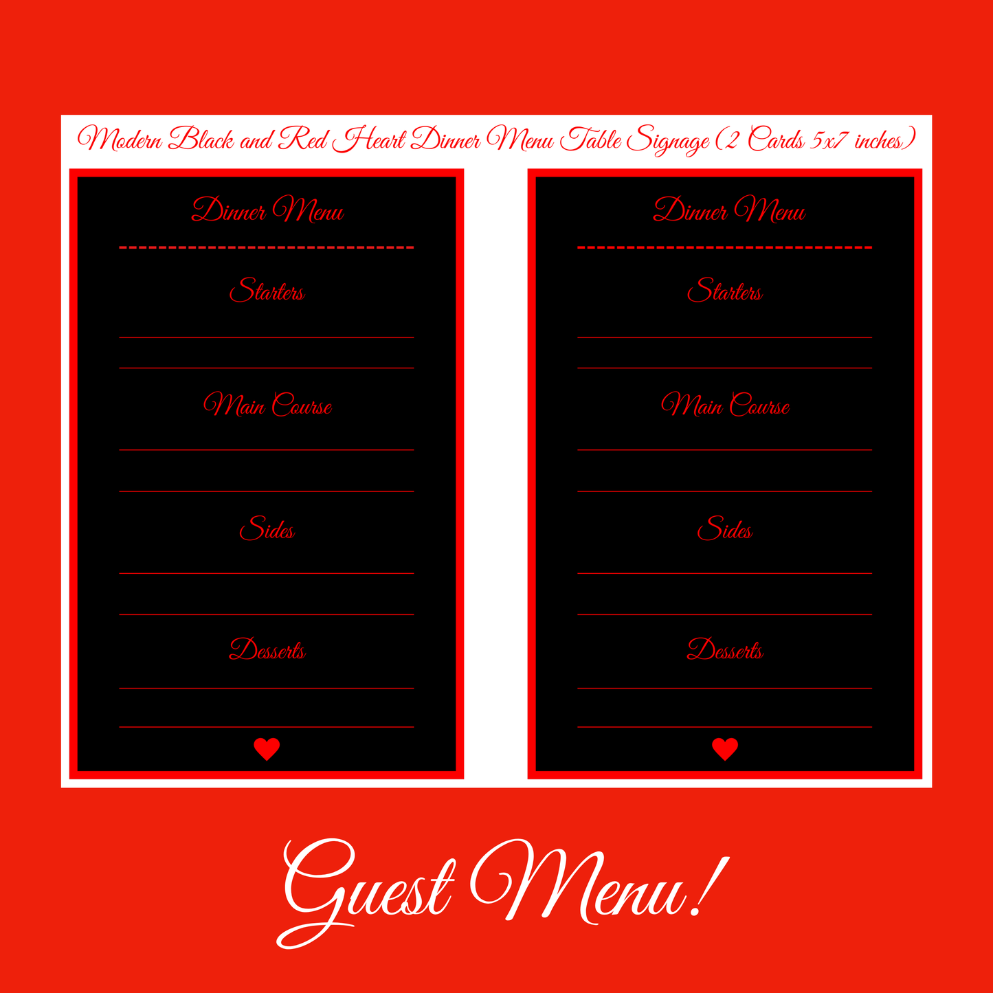 Black & Red Romantic Hostess Kit: Bold Heart-Themed Wedding and Party Table Decor Printable Set with Bottle Hangers, Menu, Place Cards