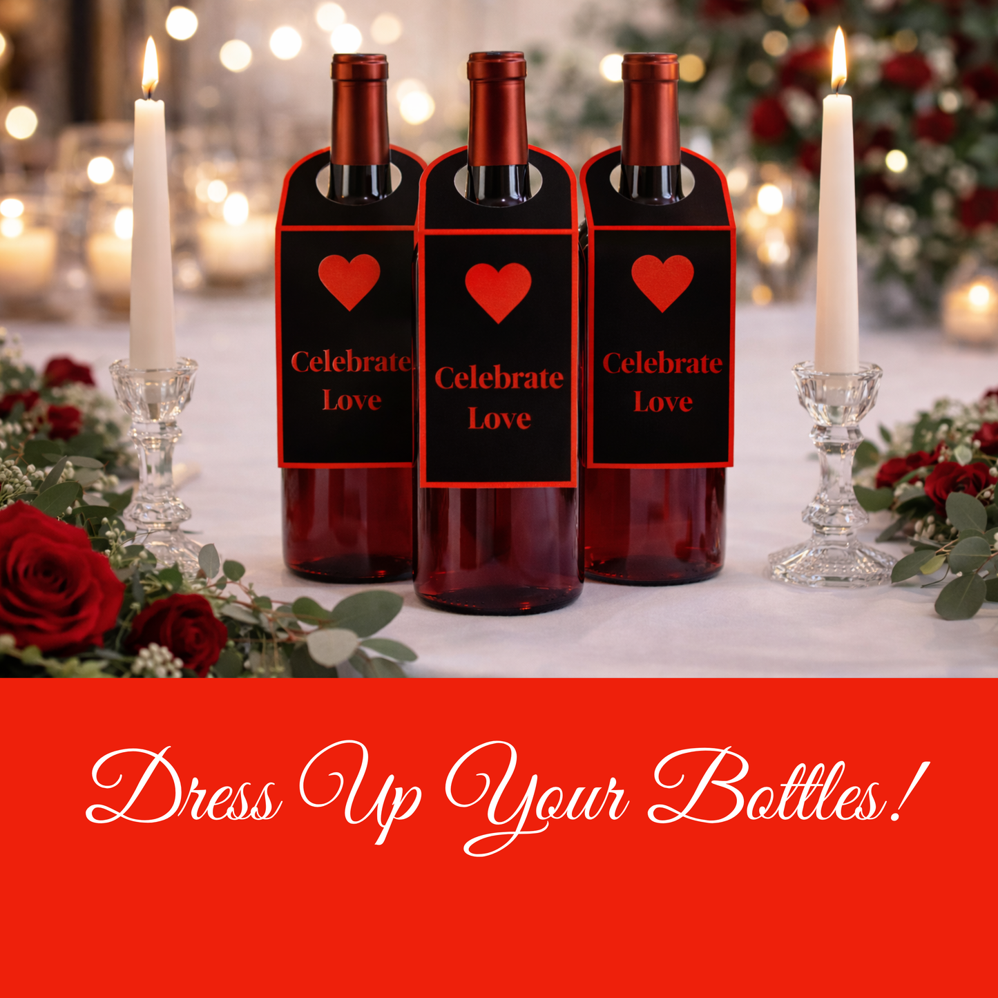 Black & Red Romantic Hostess Kit: Bold Heart-Themed Wedding and Party Table Decor Printable Set with Bottle Hangers, Menu, Place Cards