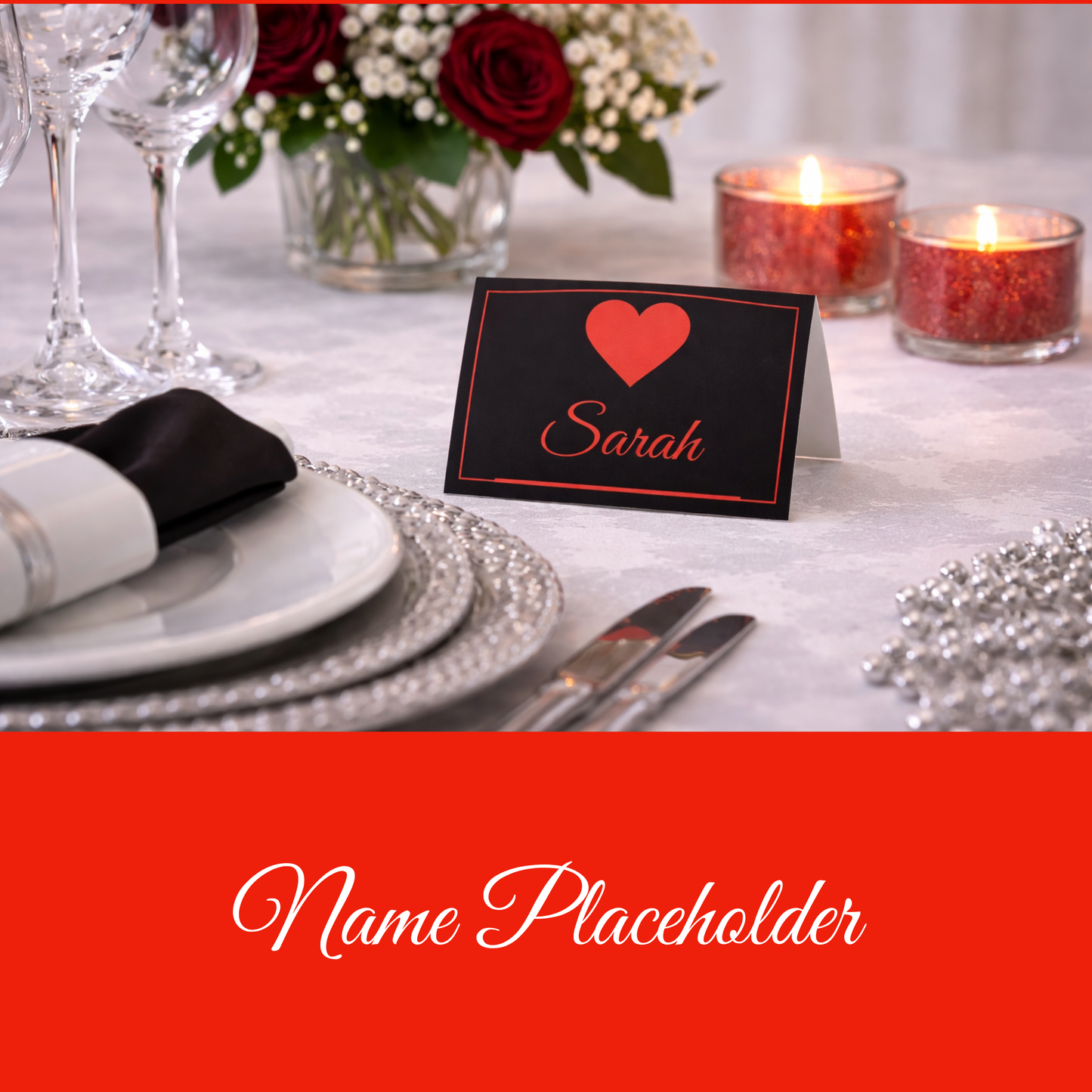 Black & Red Romantic Hostess Kit: Bold Heart-Themed Wedding and Party Table Decor Printable Set with Bottle Hangers, Menu, Place Cards
