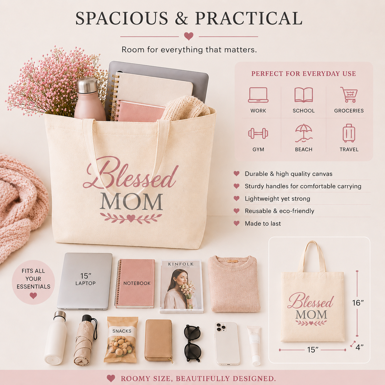 Blessed Mom Cotton Canvas Tote Bag | Faithful Mother's Market Tote
