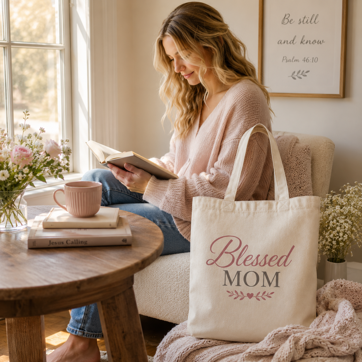 Blessed Mom Cotton Canvas Tote Bag | Faithful Mother's Market Tote
