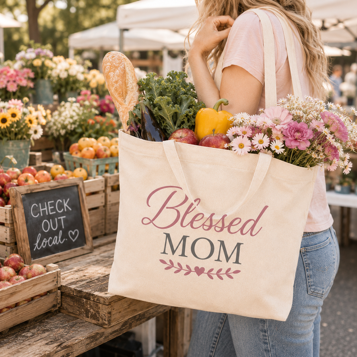 Blessed Mom Cotton Canvas Tote Bag | Faithful Mother's Market Tote
