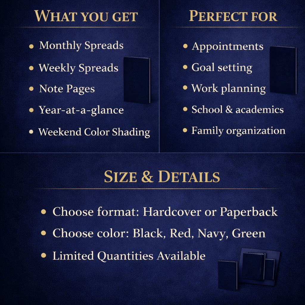 2026 Minimalist Navy Blue Hardcover Planner – Daily, Weekly & Monthly Agenda Organizer