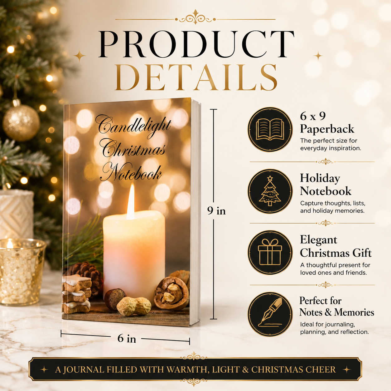 Candlelight Christmas Notebook – 6x9 Holiday Writing Journal for Christmas Memories, Daily Reflections, Winter Break Notes & Elegant Gift