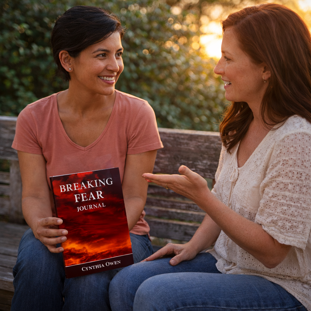 Women talking with Breaking Fear Journal for Christian encouragement prayer reflection and overcoming fear through faith