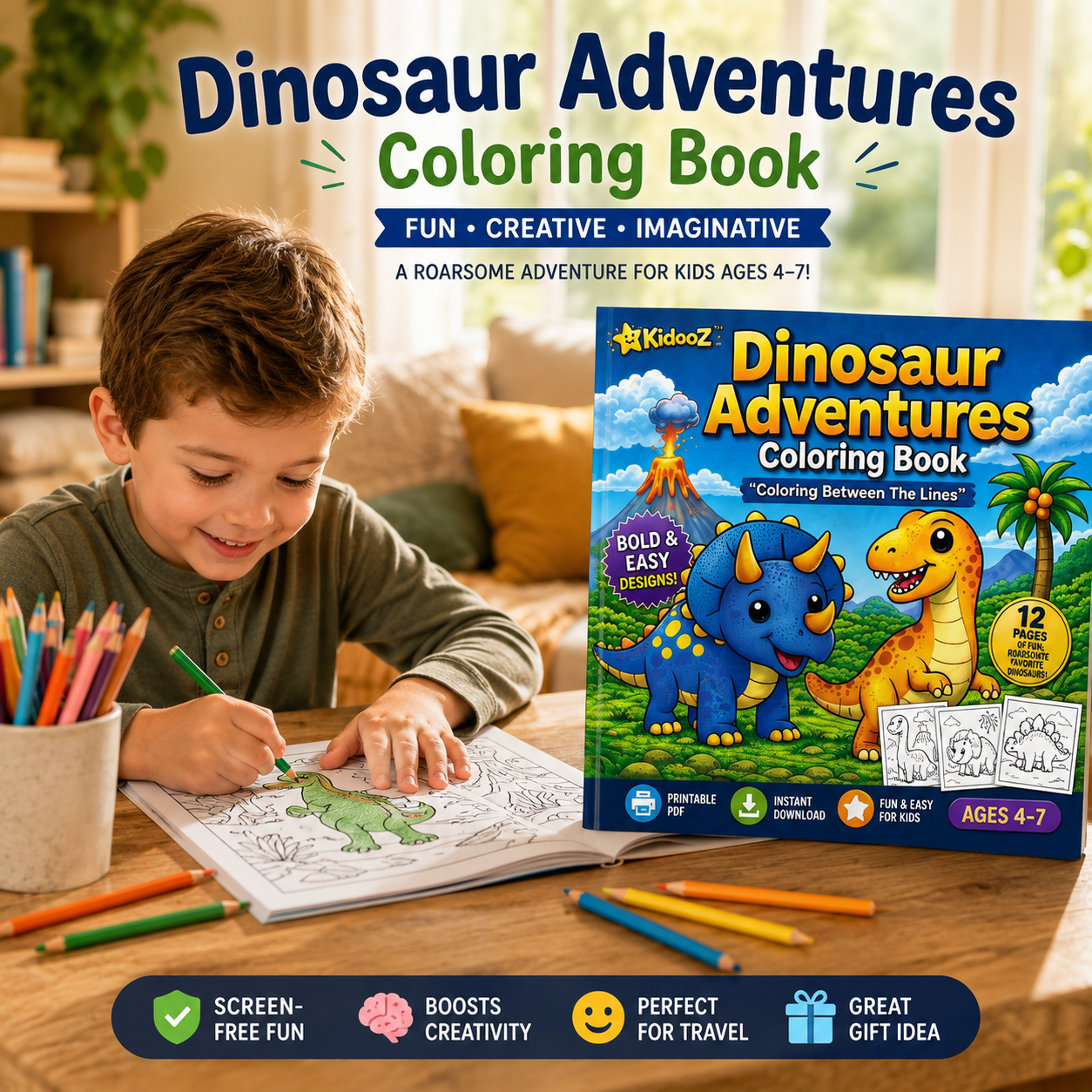 Kidooz Dinosaur Coloring Book for Kids Digital Download – Printable Dino Coloring Pages for Toddlers, Preschoolers & Children Ages 4–7