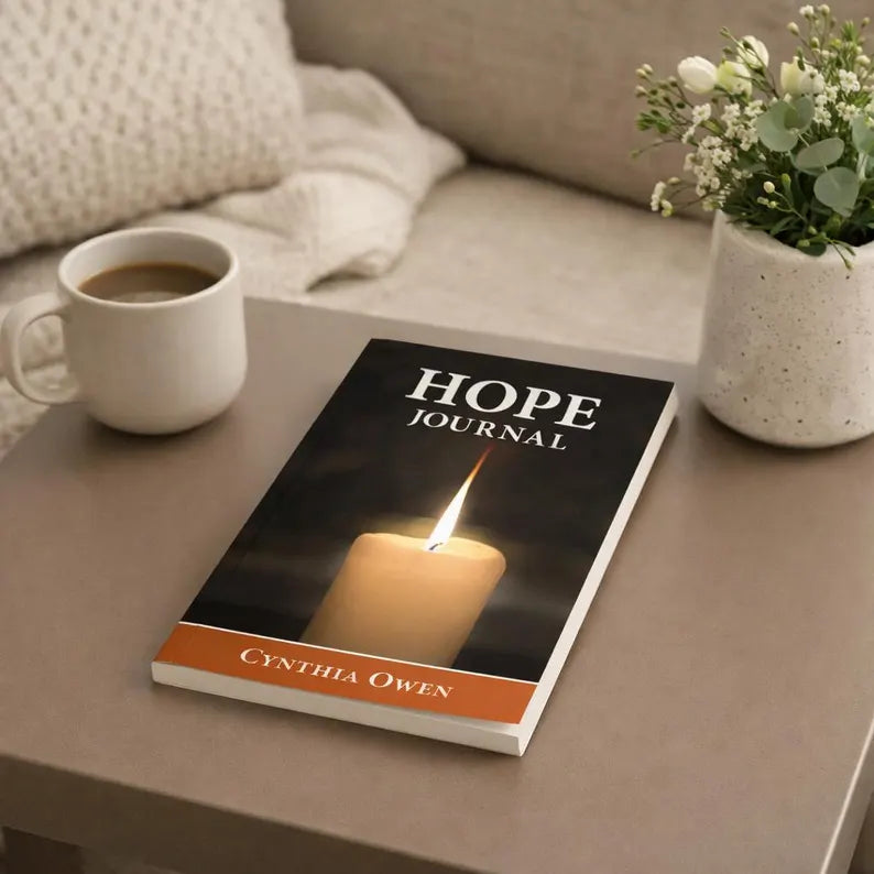 Hope Journal flat lay with mug and cozy setting for quiet time prayer scripture reflection and faith journaling