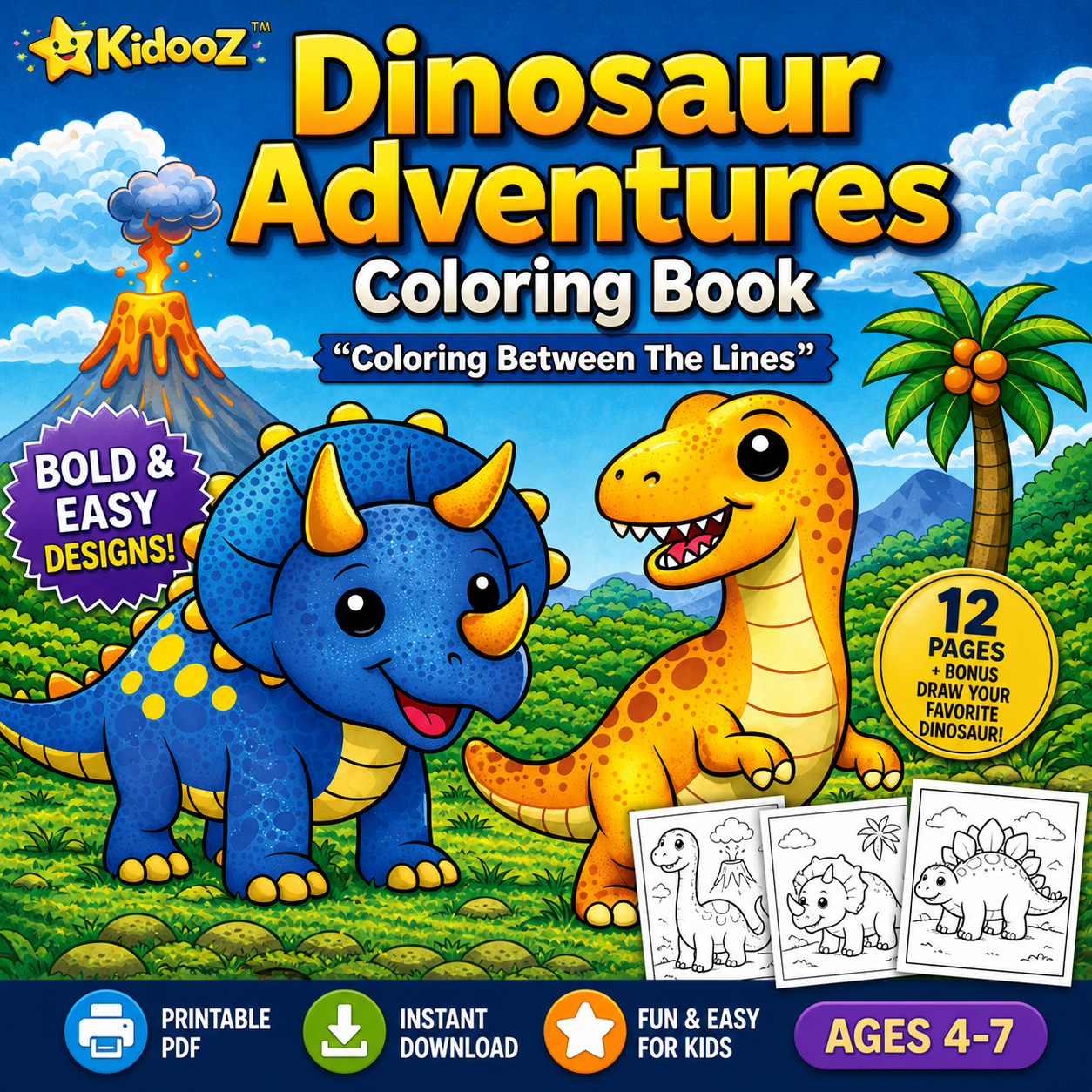 Kidooz Dinosaur Coloring Book for Kids Digital Download – Printable Dino Coloring Pages for Toddlers, Preschoolers & Children Ages 4–7