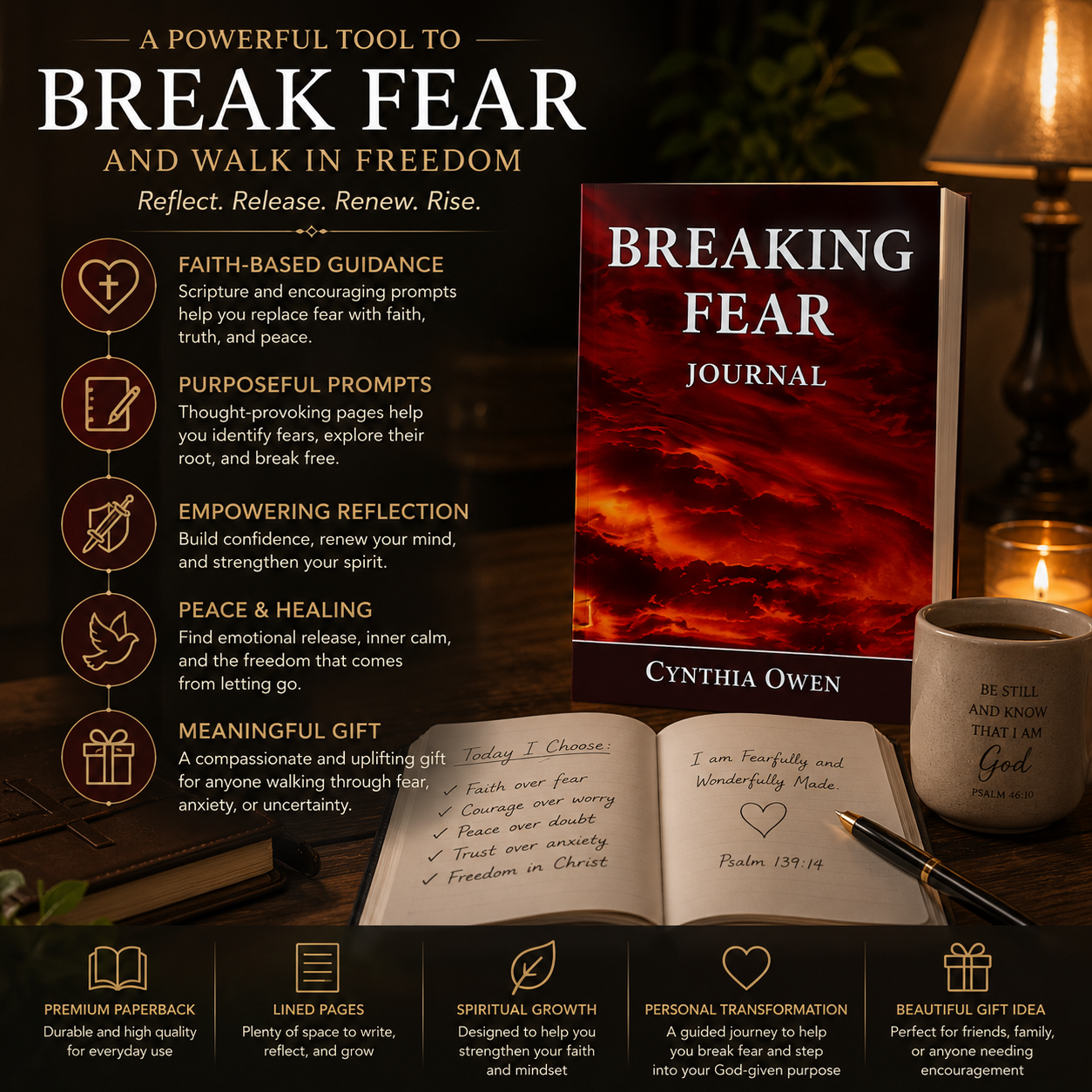 Breaking Fear Journal benefits image for overcoming fear building faith trusting God scripture and declarations