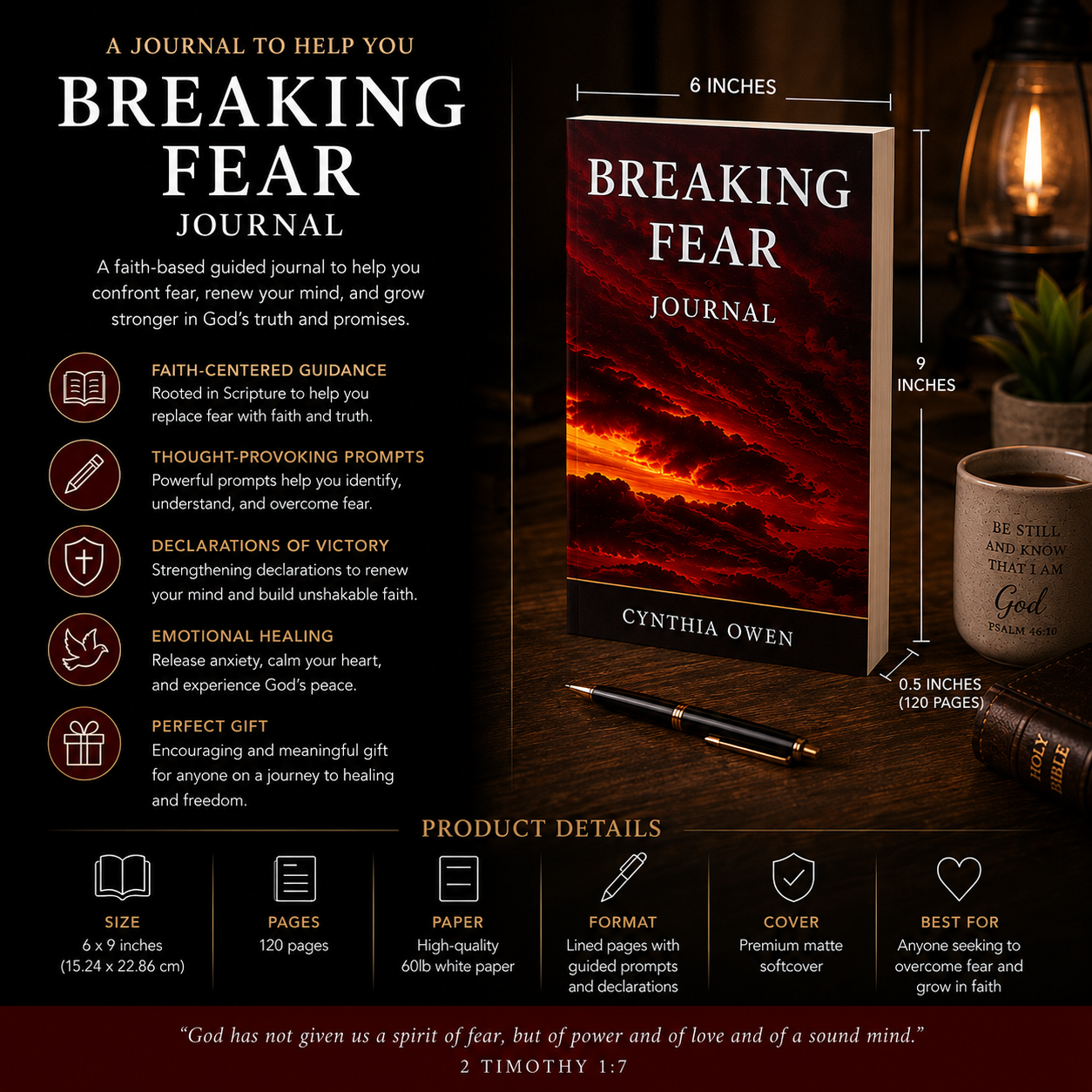 Breaking Fear Journal product details showing 6x9 paperback 120 lined pages scriptures declarations and writing pages