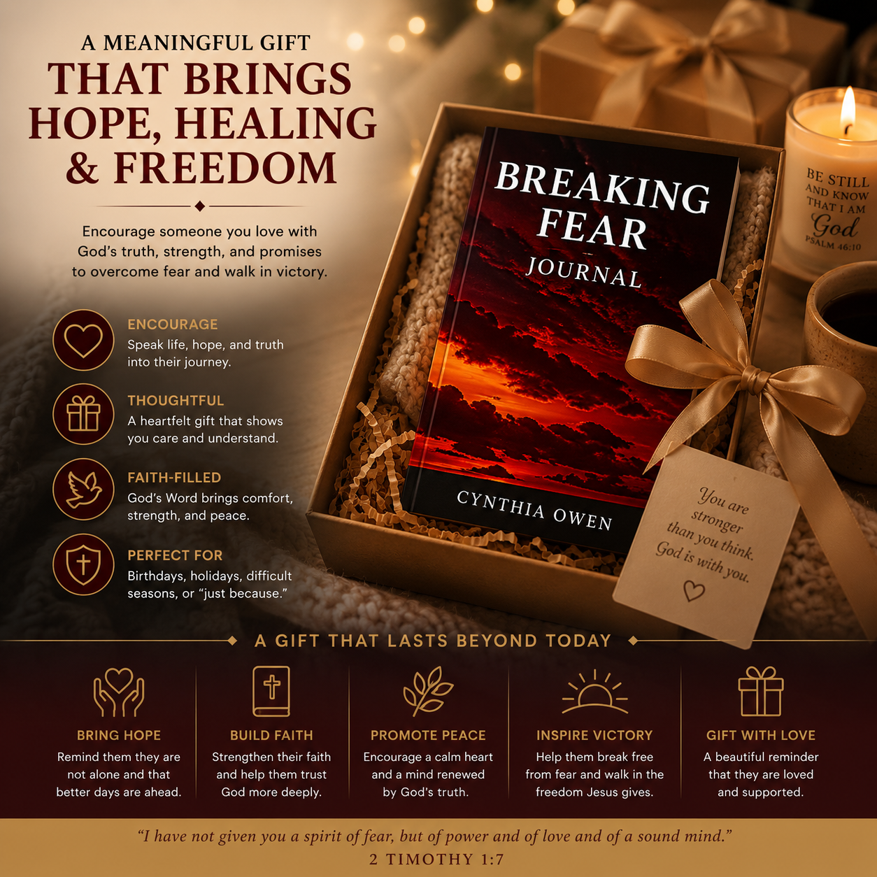 Boxed gift of 'Breaking Fear' journal, candle, and coffee cup on a warm-toned background.