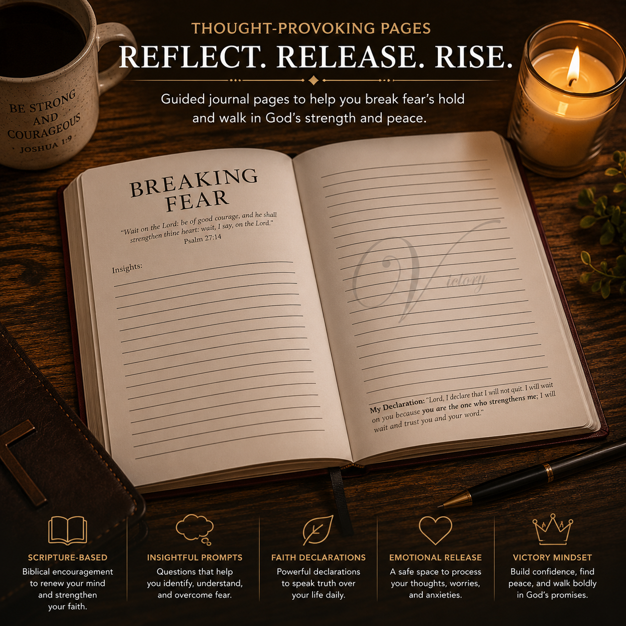 Reflect release rise inside pages image for Breaking Fear Journal with lined writing pages for prayer and reflection