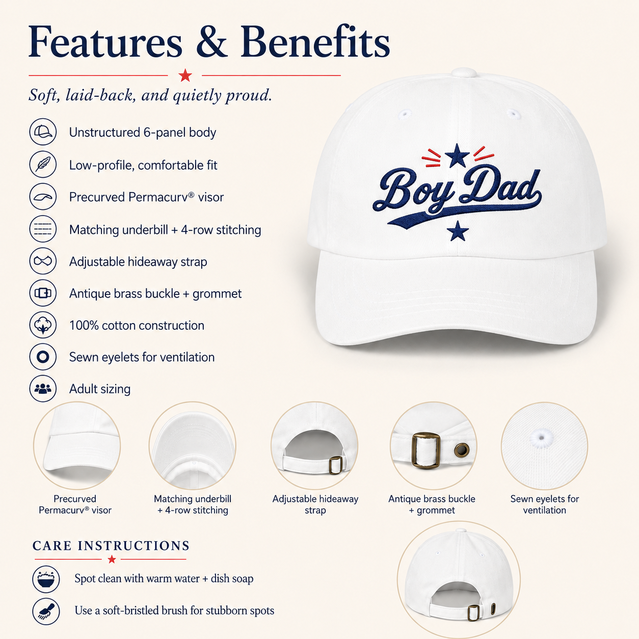 Boy Dad Embroidered Baseball Cap  Vintage Script Cotton Dad Hat