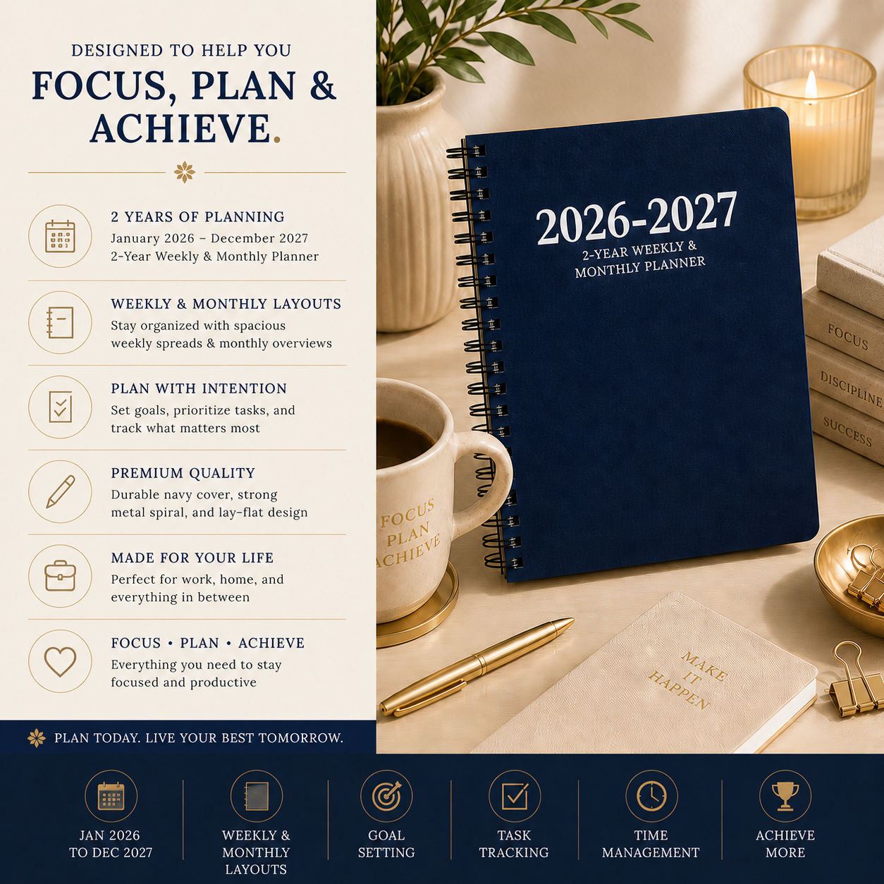 2026–2027 navy blue spiral planner focus plan and achieve image with productivity tools goals weekly monthly layouts and notes pages