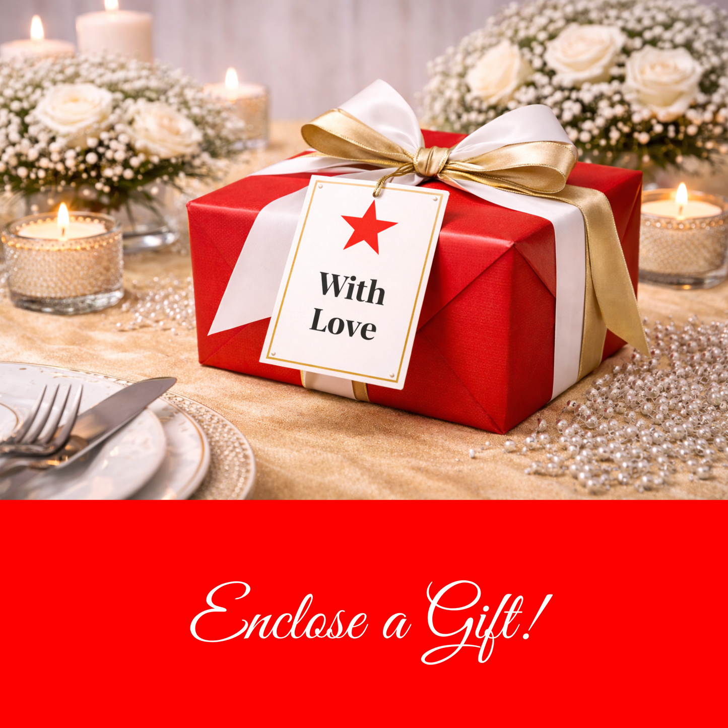 Festive Red & Gold Hostess Kit: Party Table Decor Printable Set with Bottle Hangers, Signs and Place Cards