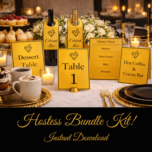 Luxury Gold Hostess Kit: Elegant Black & Gold Wedding and Party Table Decor Printable Set with Bottle Hangers, Menu and Signs