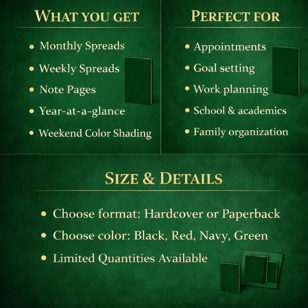 2026–2027 Green Daily, Weekly & Monthly Hardcover Planner – 2 Year Minimalist 6x9 Agenda Organizer