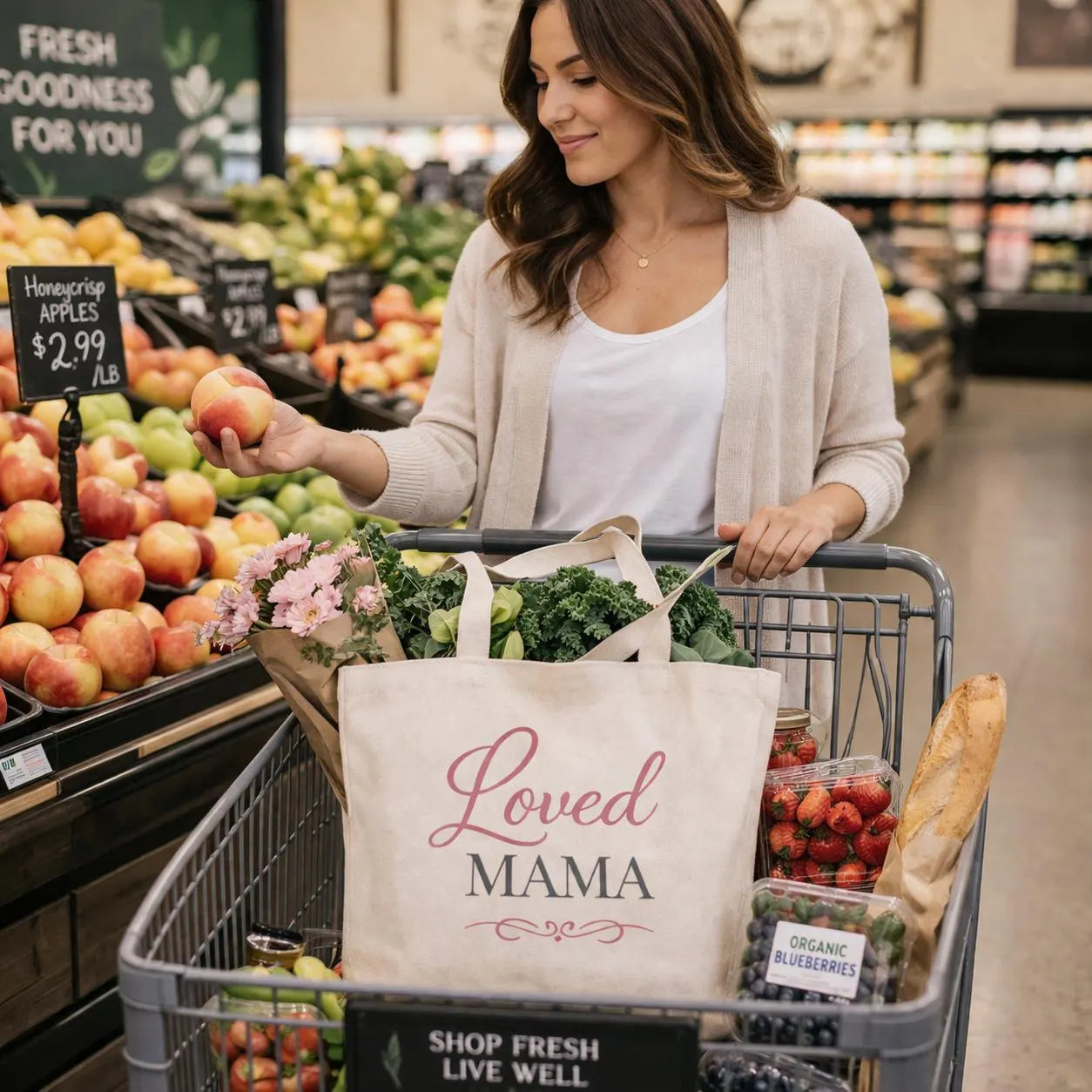Loved Mama Cotton Canvas Tote Bag — Natural Script Typography Everyday Carry